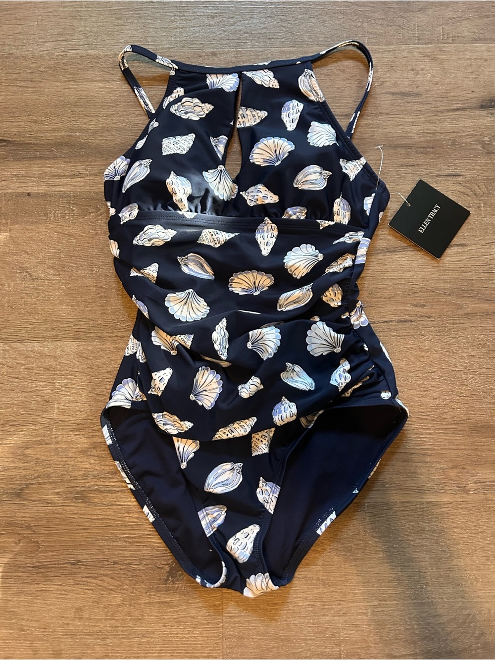 Ellen Tracy One-Piece Swimsuit Womens Size 6 Navy Seashell Ruched Halter